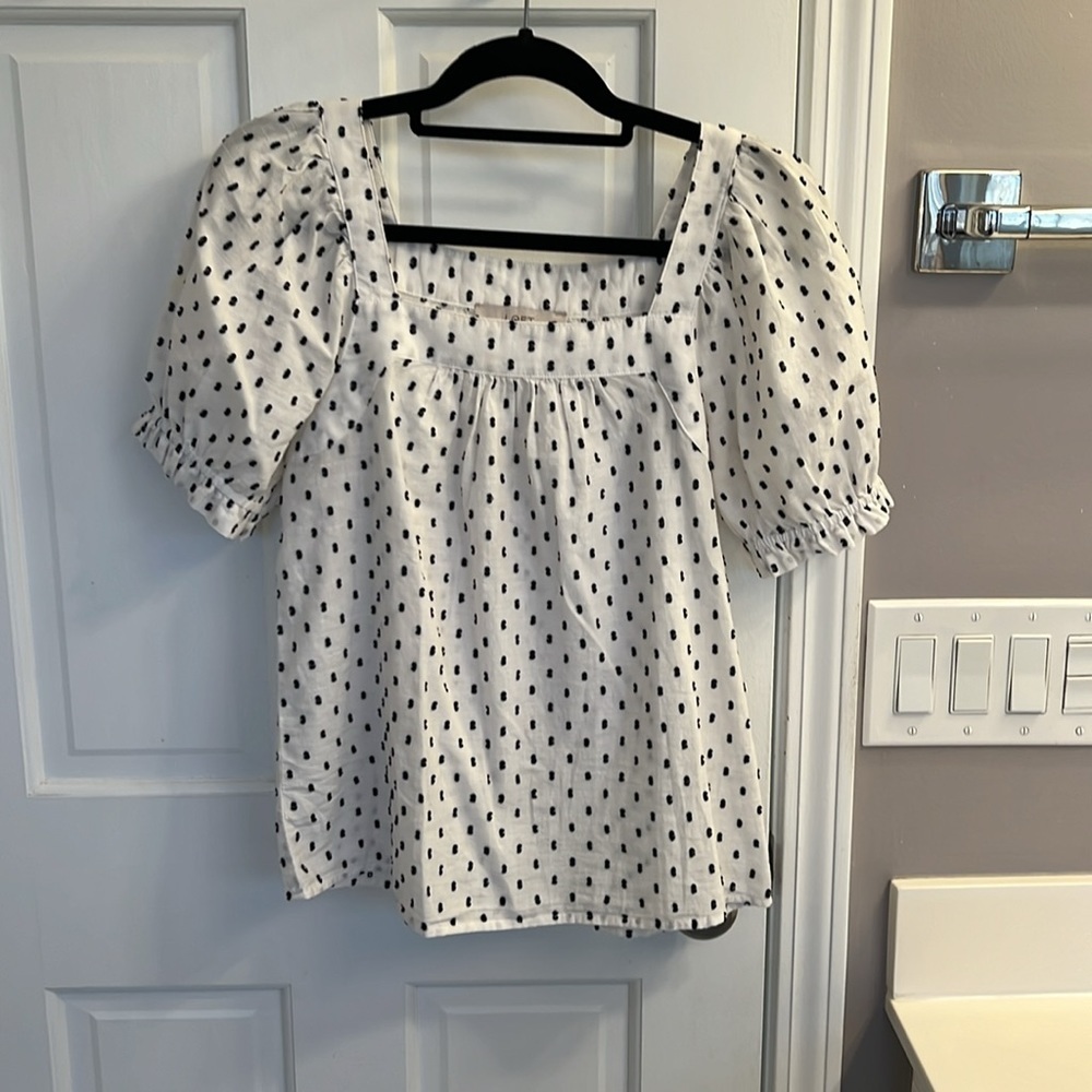 Loft Clip Sleeve Square Neck Puff Short Sleeve Top Black White Swiss Dot - Picture 2 of 5